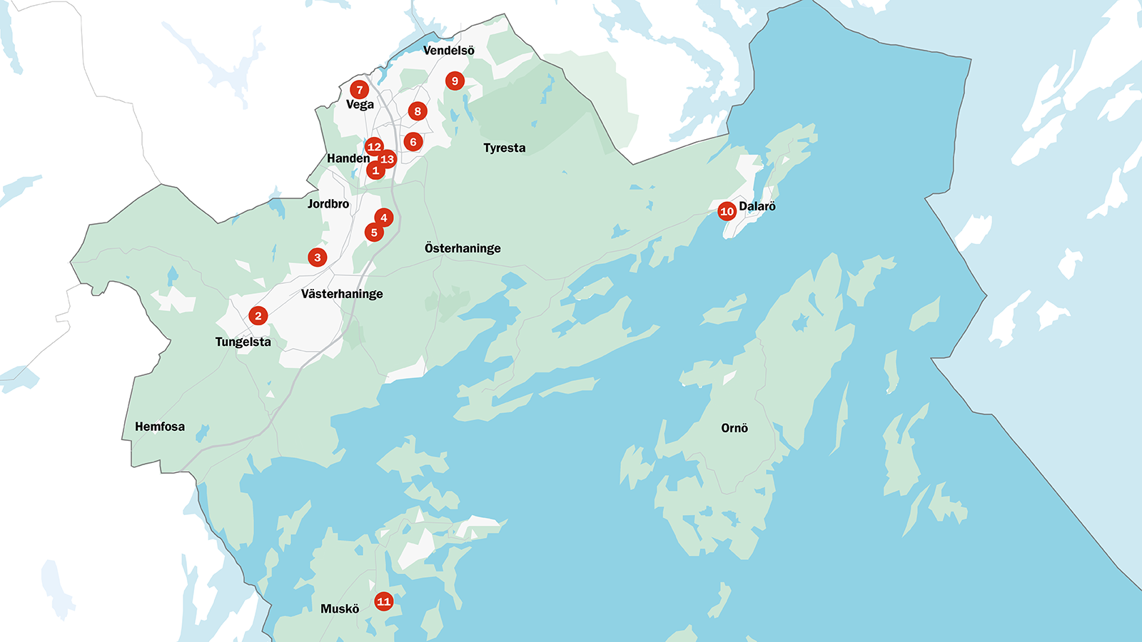 Karta över trygghetspunkter i Haninge kommun.