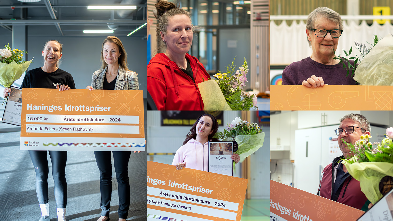 Glada vinnare som håller upp stora prischeckar.