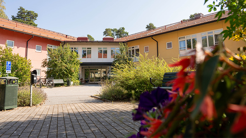 Entré till hus med två våningar och lummig utomhusmiljö.