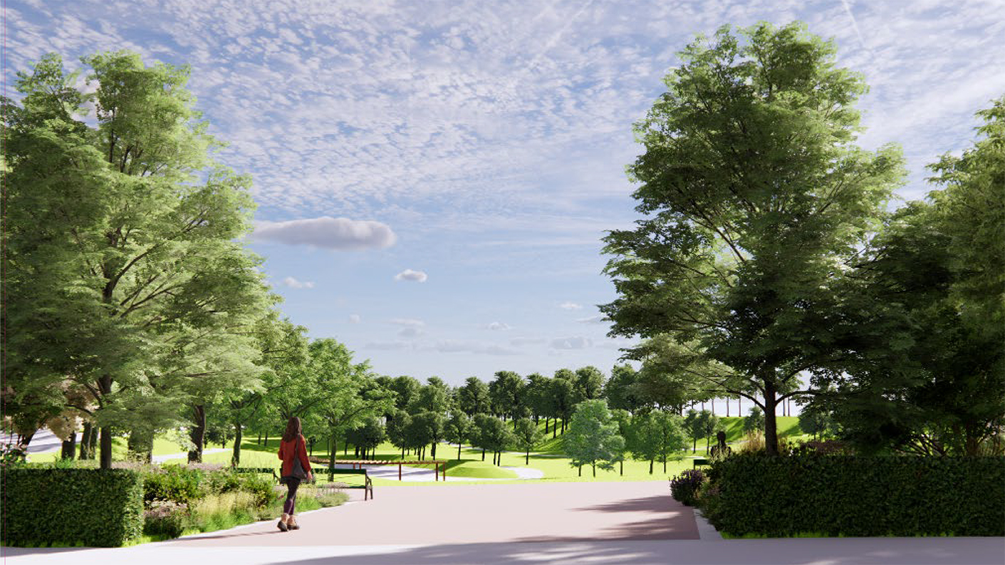 Illustration av ingång till en park som omgärdas av gröna träd