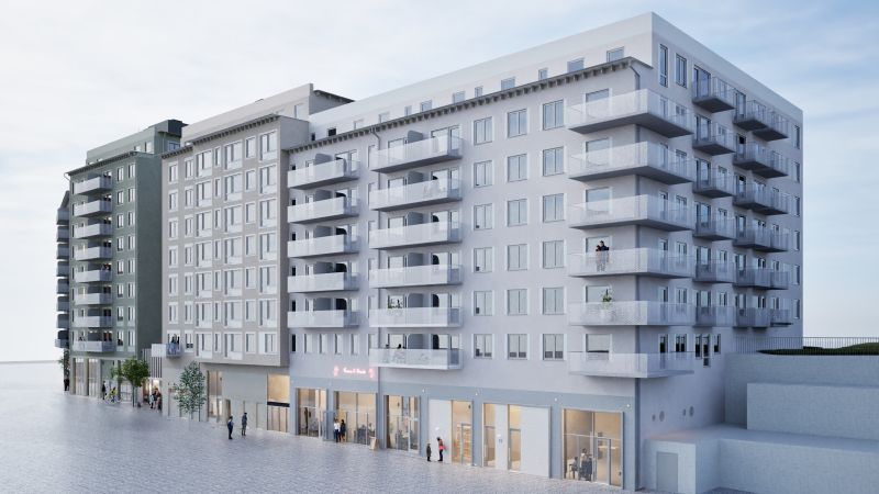 Gestaltning av tre tiovåningshus i  grå  toner. 