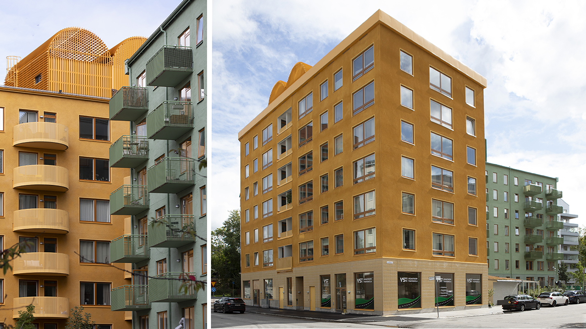 Gröna och gula höghusfasader i vinkel