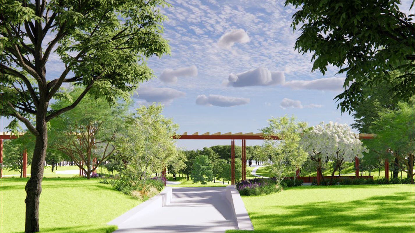 visionsbild som visar pergola, grönskade rabatter och utsikt över Eskilsparken