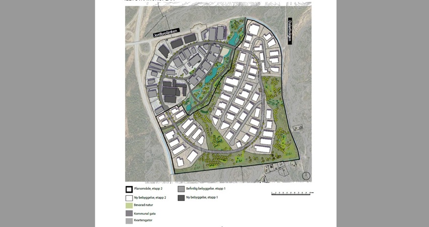 Illustration som visar planområdet från ovan, med vägar, grönområden och mark  för byggnader.