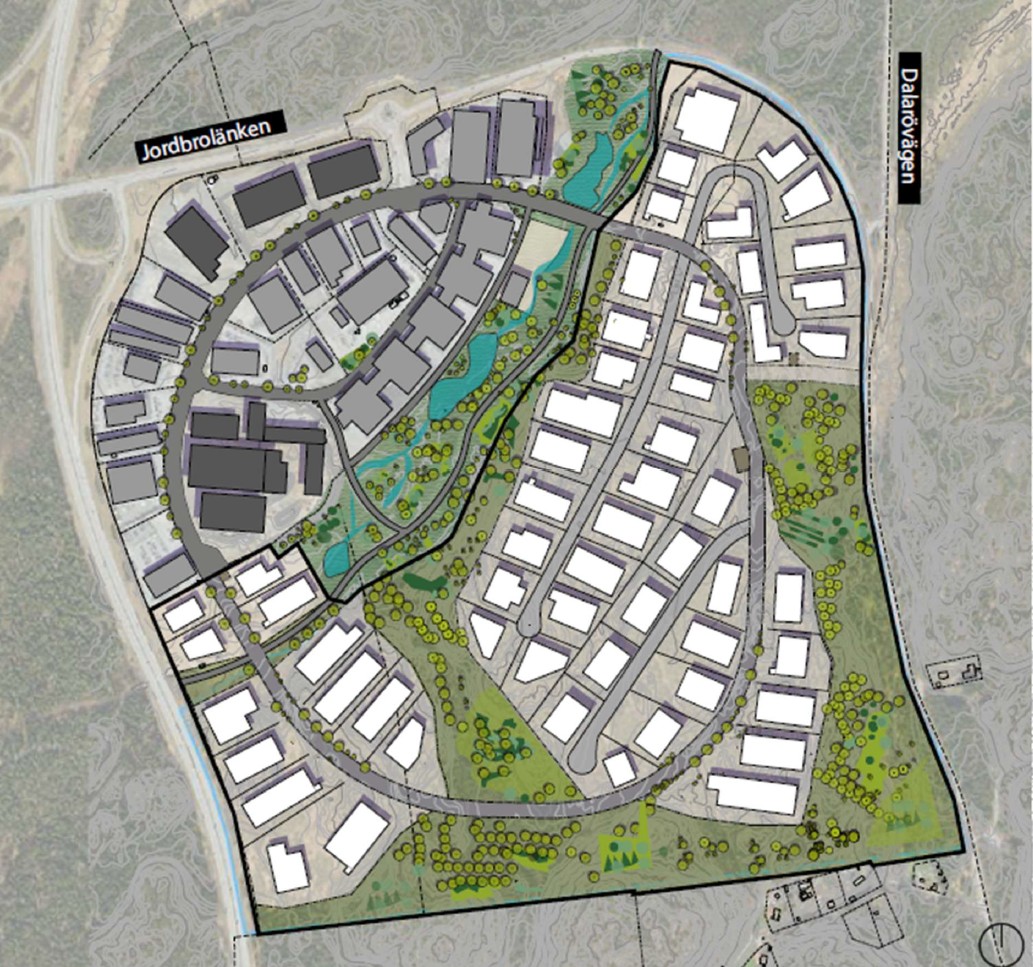 Illustration som visar planområdet från ovan, med vägar, grönområden och mark  för byggnader.