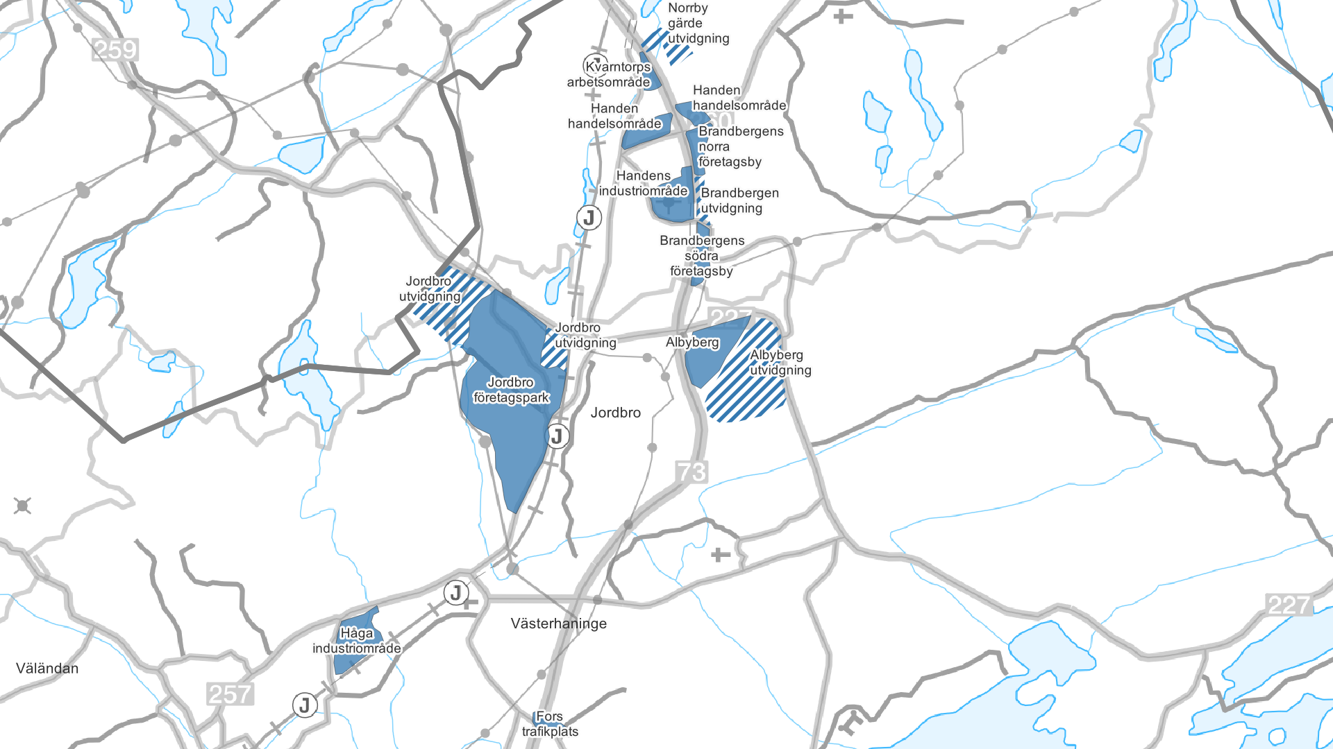 Karta med utmarkerade verksamhetsområden i kommunen