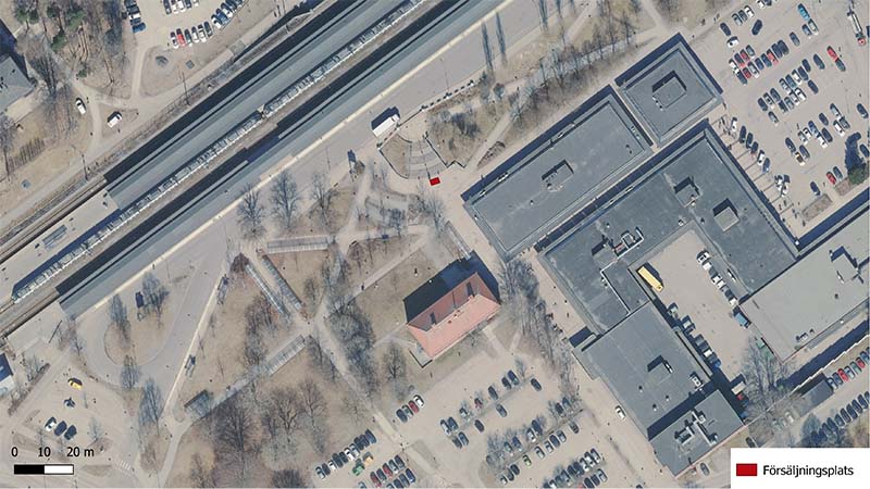 Kartvy med försäljningsplats markerad vid Västerhaninge station vid centrum
