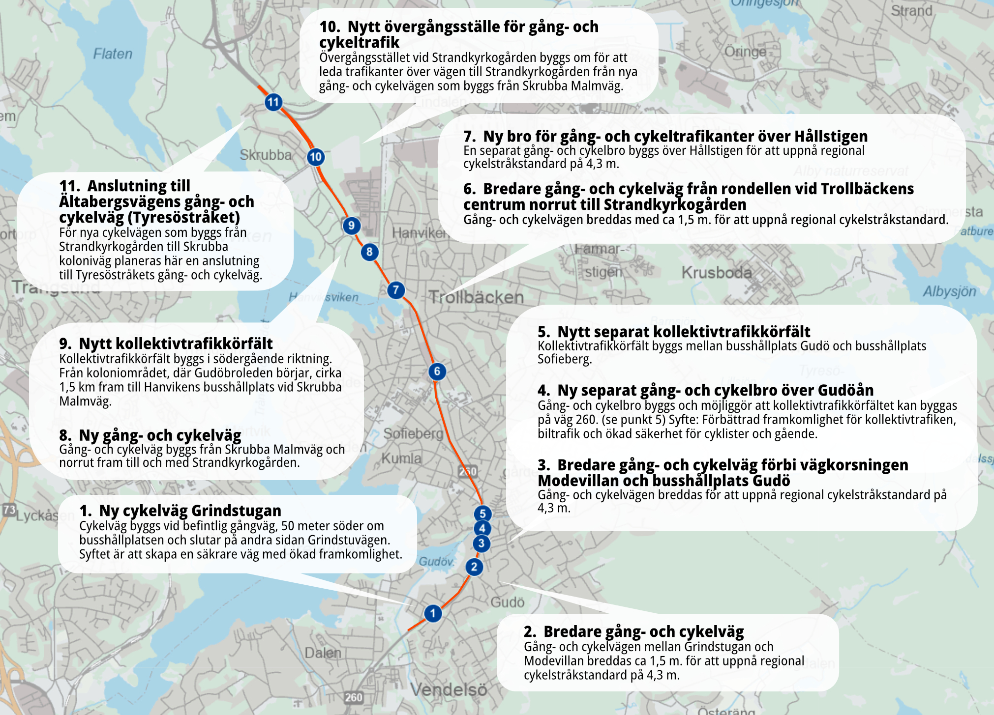 Karta över planerade åtgärder på Gudöbroleden.
